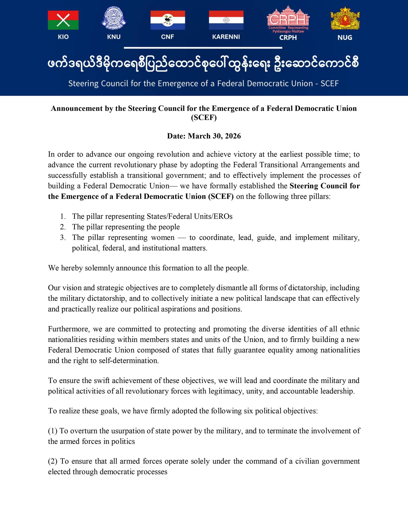 Announcement by the Steering Council for the Emergence of a Federal Democratic Union (SCEF)